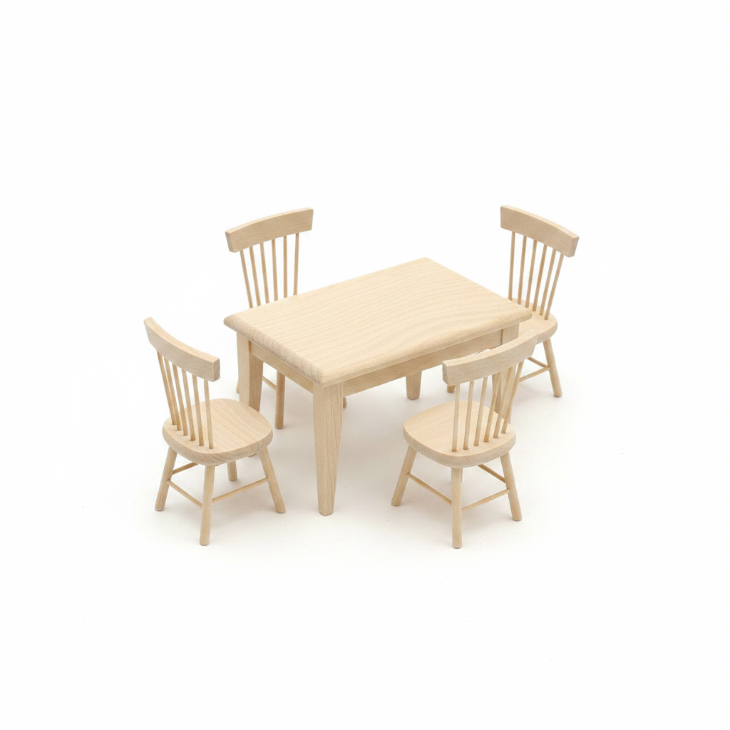 Miniature Pine Dining Table & Chair Set – 5 Piece