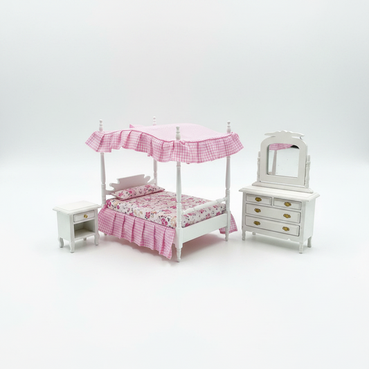Miniature Pink Gingham Canopy Bedroom 3-Piece Set – Dollhouse Bedroom