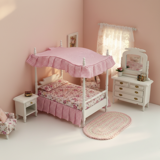 Miniature Pink Gingham Canopy Bedroom 3-Piece Set – Dollhouse Bedroom