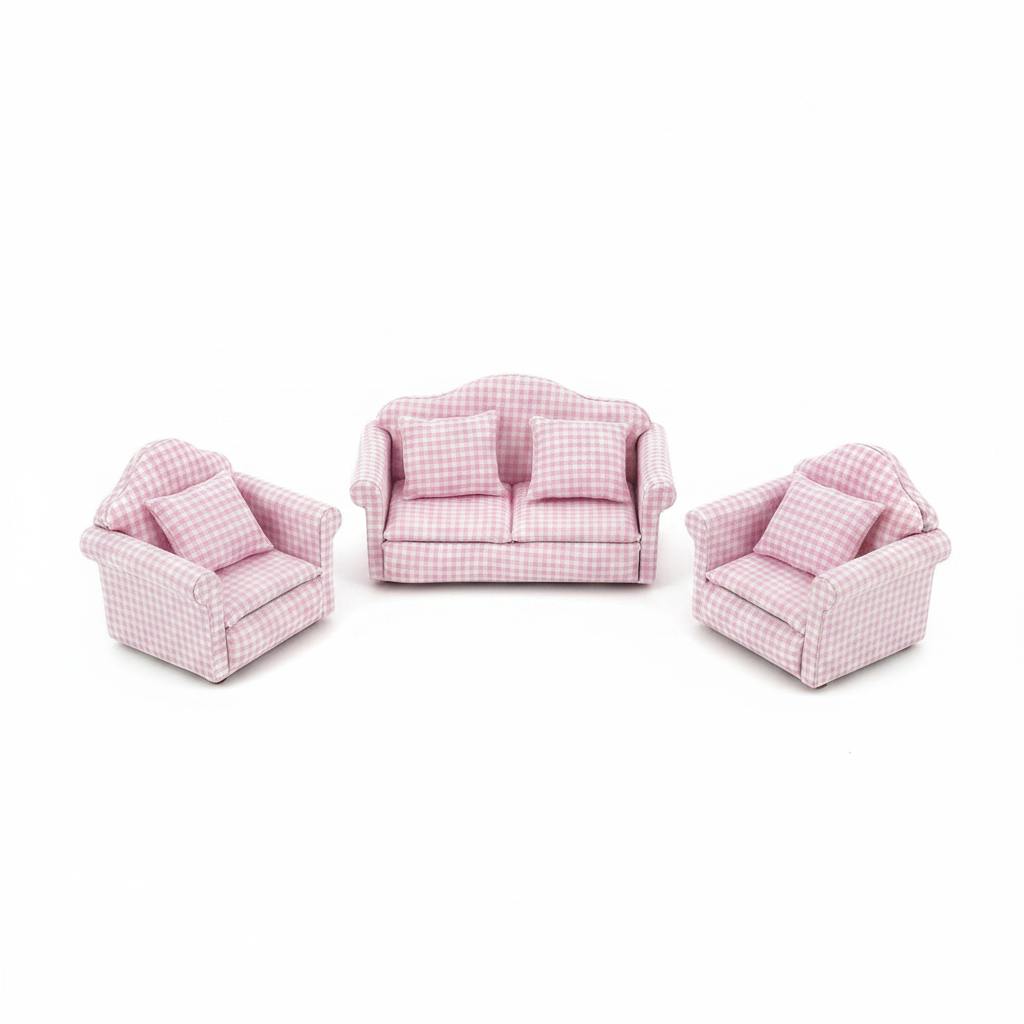 Miniature Pink Gingham 3-Piece Sofa Set – Dollhouse Living Room