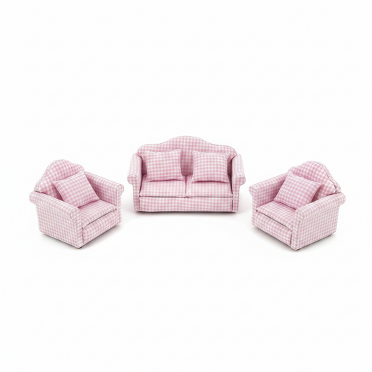 Miniature Pink Gingham 3-Piece Sofa Set – Dollhouse Living Room