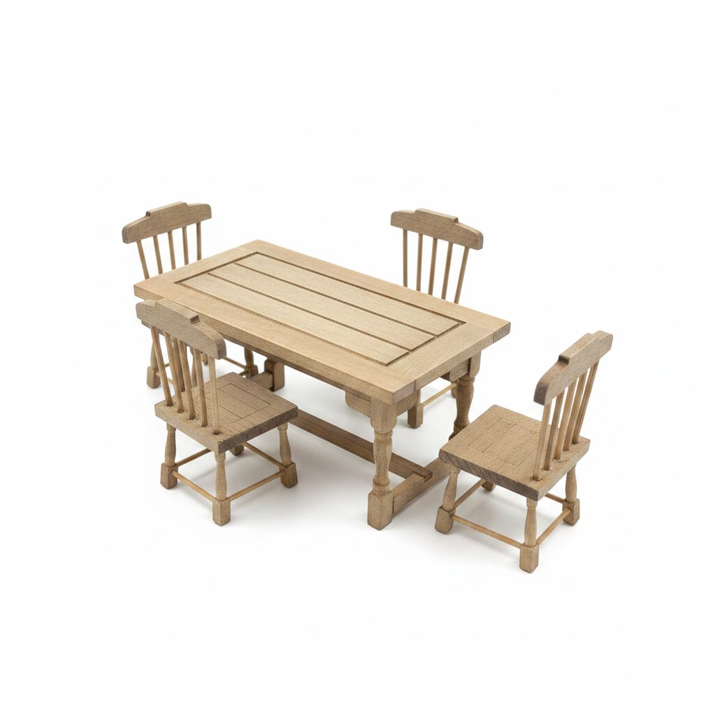 Miniature Rustic Wooden Dining Table & Chair Set – 5 Piece