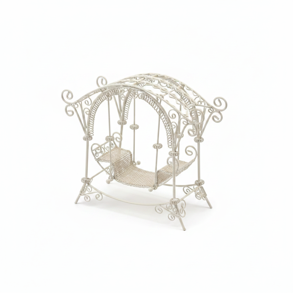 Miniature White Filigree Garden Swing – Fairy Garden & Dollhouse