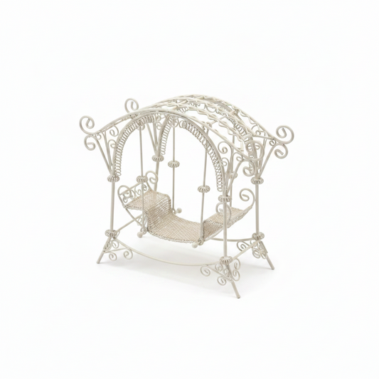 Miniature White Filigree Garden Swing – Fairy Garden & Dollhouse