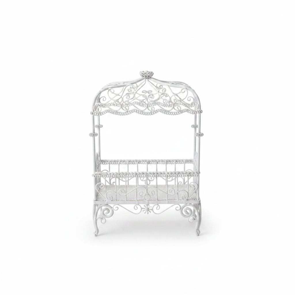 Miniature White Filigree Gazebo Swing Bed – Fairy Garden & Dollhouse