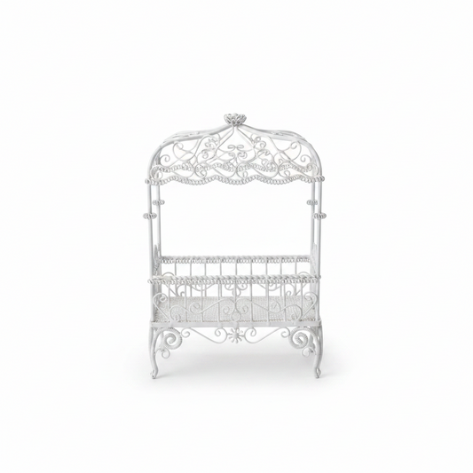 Miniature White Filigree Gazebo Swing Bed – Fairy Garden & Dollhouse