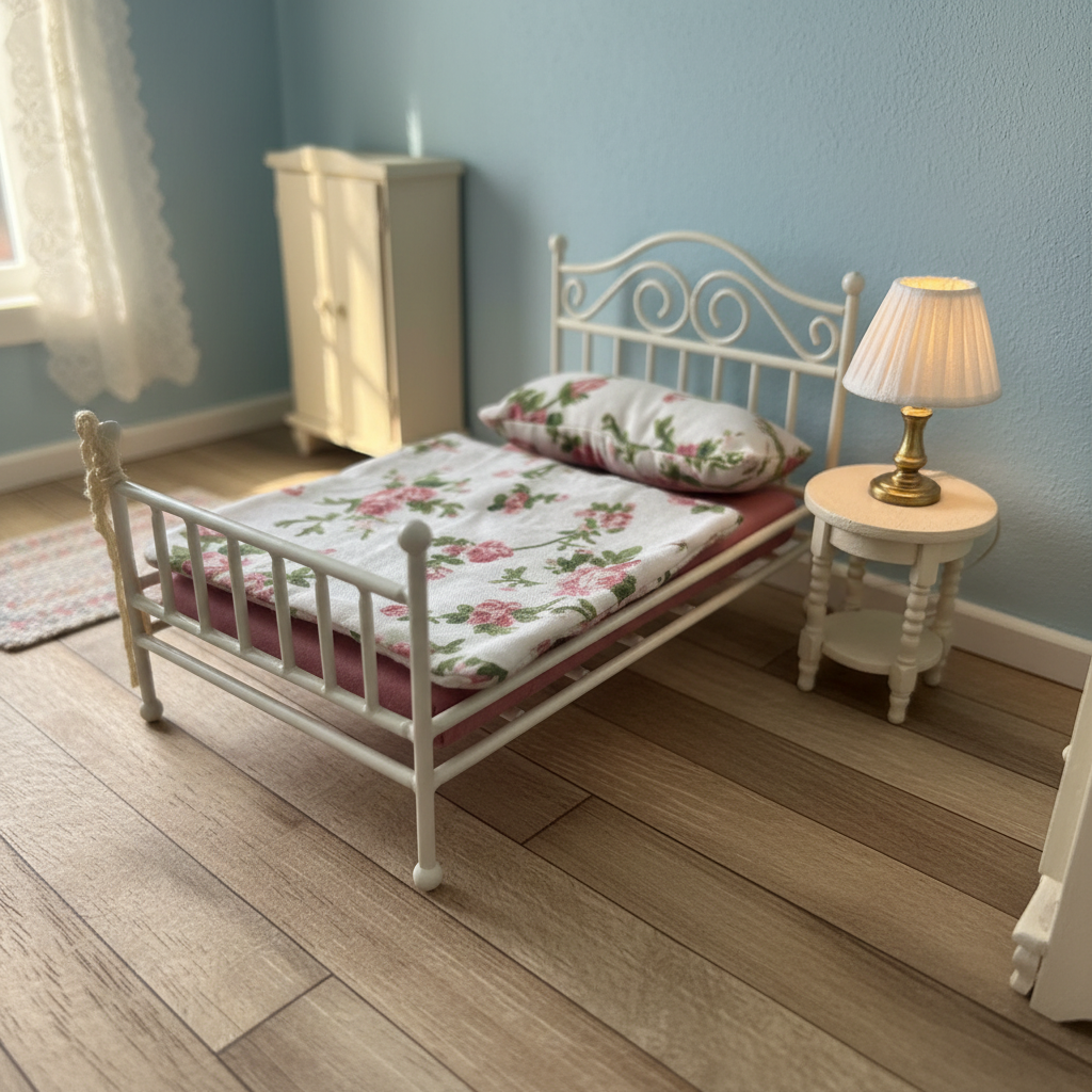 Miniature White Iron Double Bed with Rose Floral Bedding – Dollhouse Bedroom