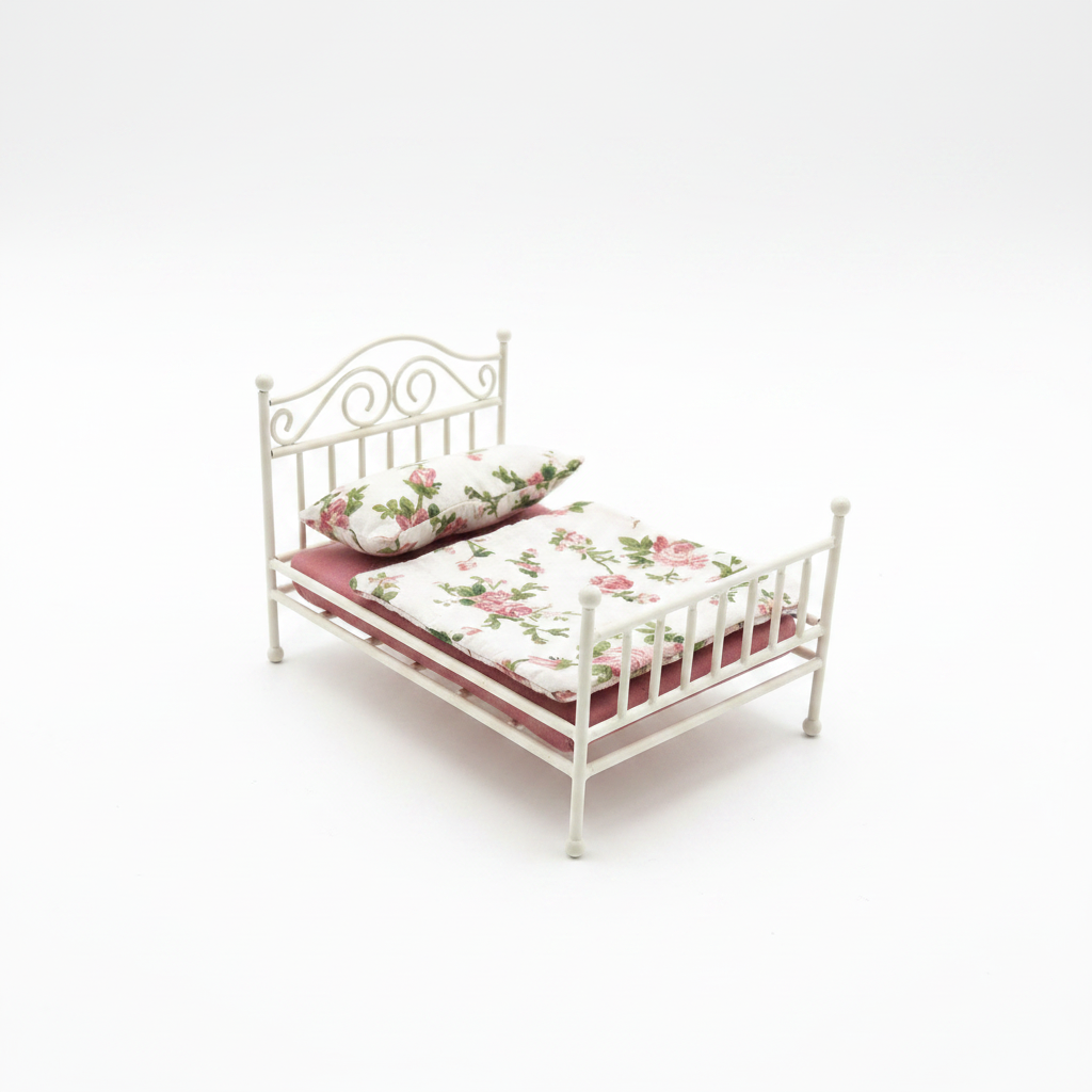 Miniature White Iron Double Bed with Rose Floral Bedding – Dollhouse Bedroom