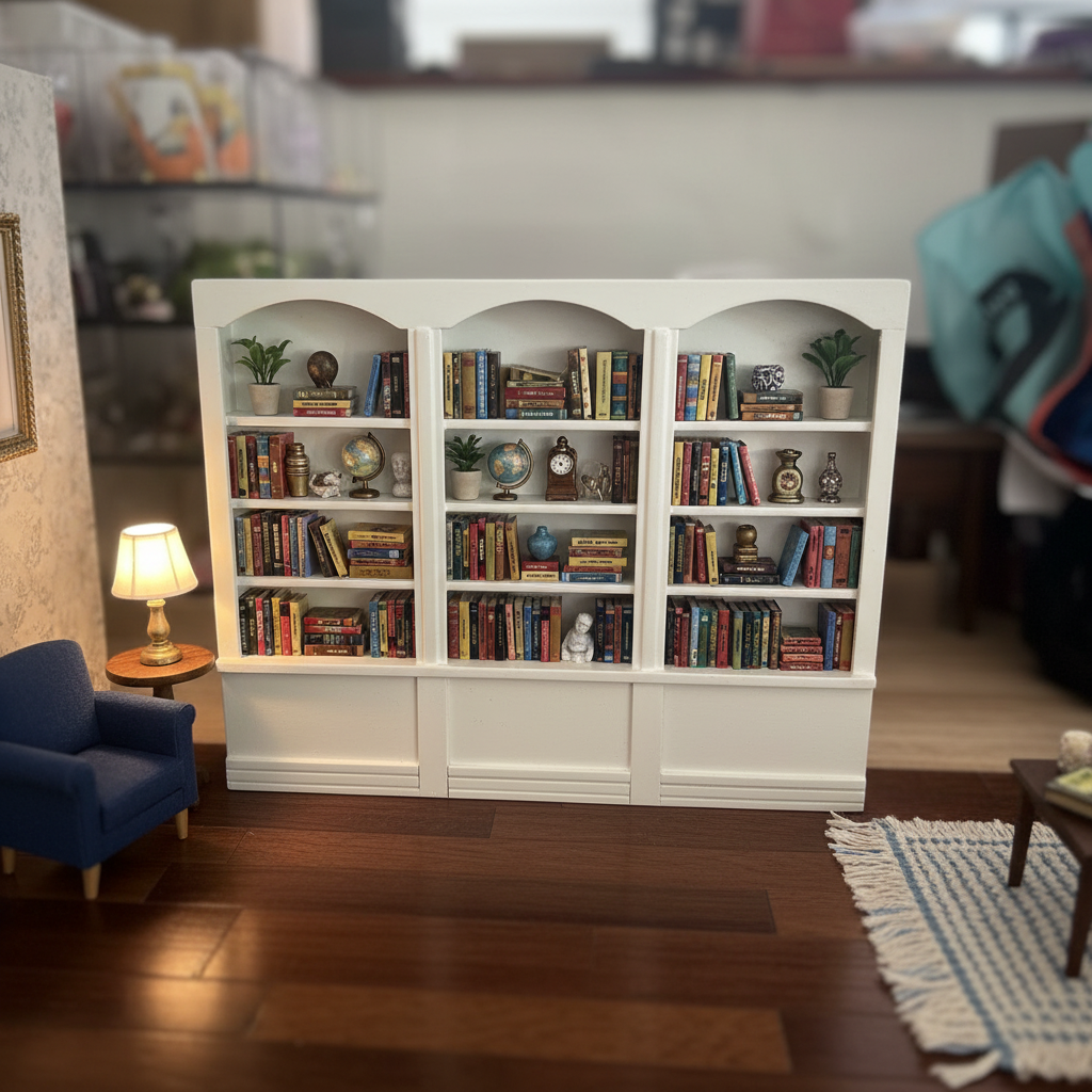 Miniature White Triple Arched Bookcase – Dollhouse Library & Living Room