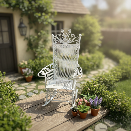 Miniature White Wire Filigree Rocking Chair – Fairy Garden & Dollhouse