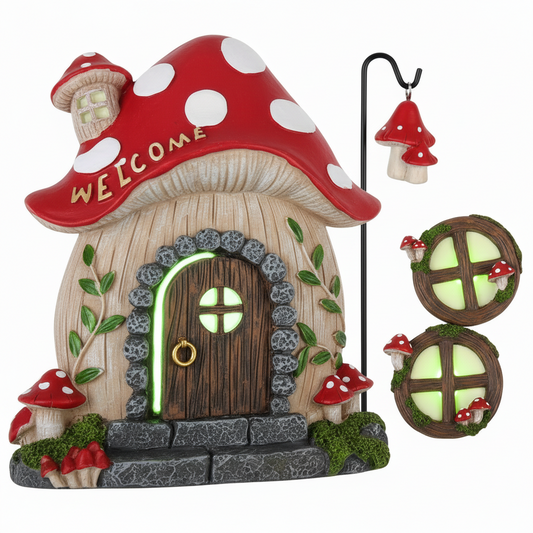 Mushroom Fairy Garden 4-Piece Glow Set – Fairy Door, Windows & Stake