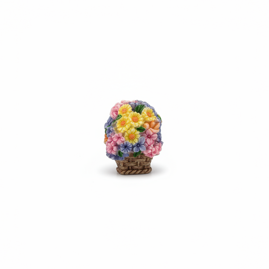 Miniature fairy garden pot with pink purple yellow and orange flowers