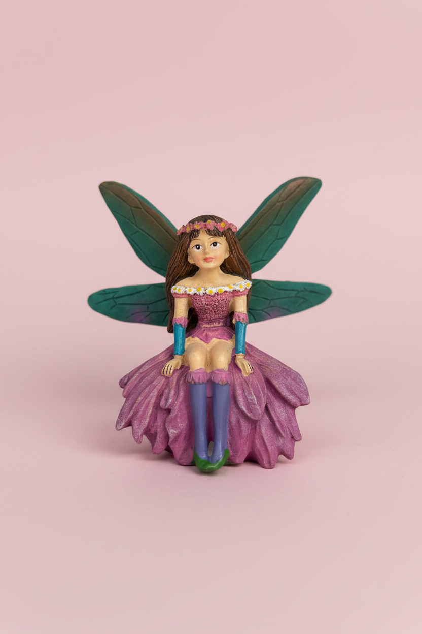 Sitting Fairy with Teal Wings & Purple Dress